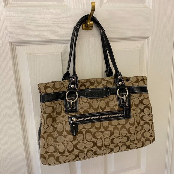 Coach brown logo satchel with black leather trim - Picture 2 of 6